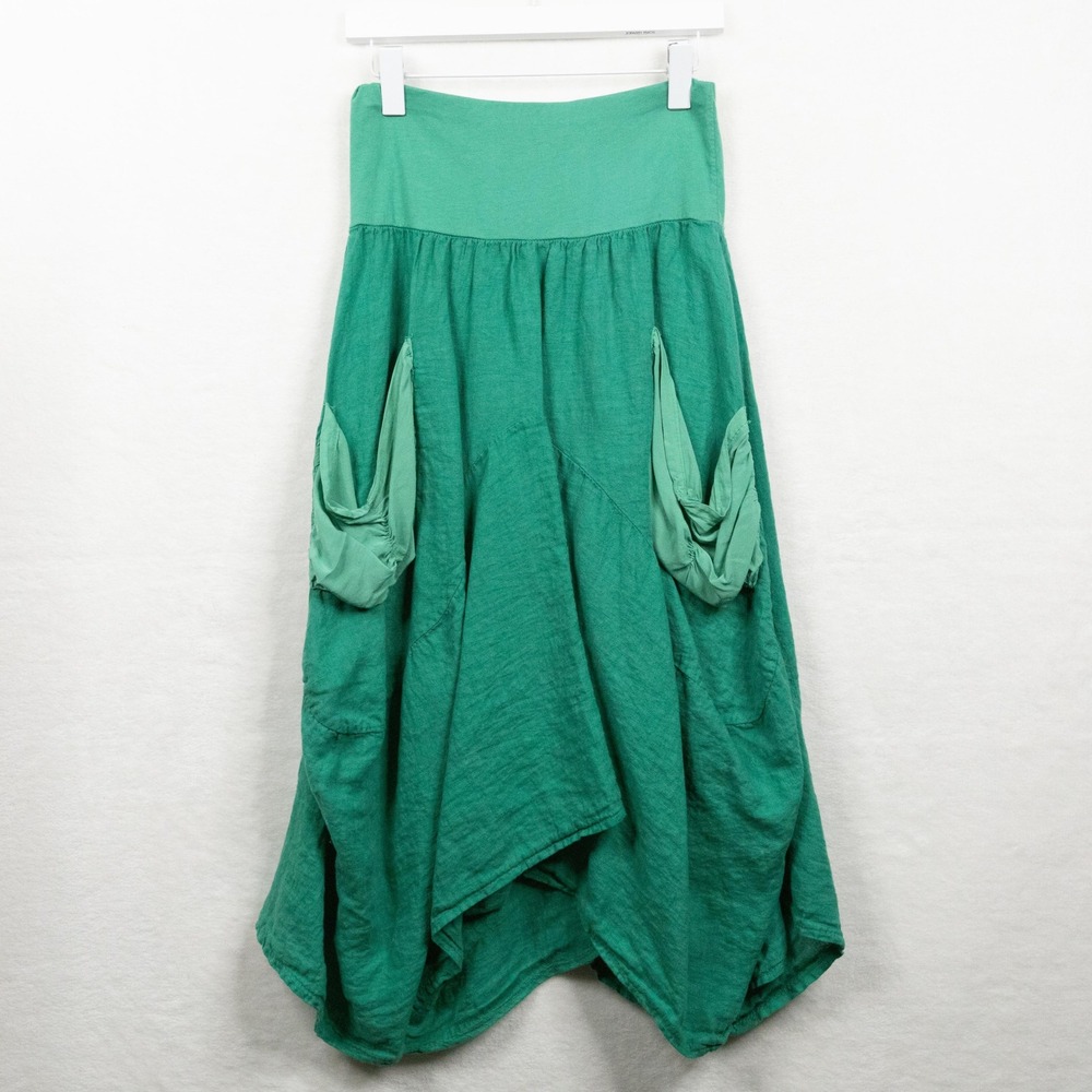 MADE IN ITALY 100% Linen Lagenlook Full Draped Midi Skirt Pockets Green Sz S